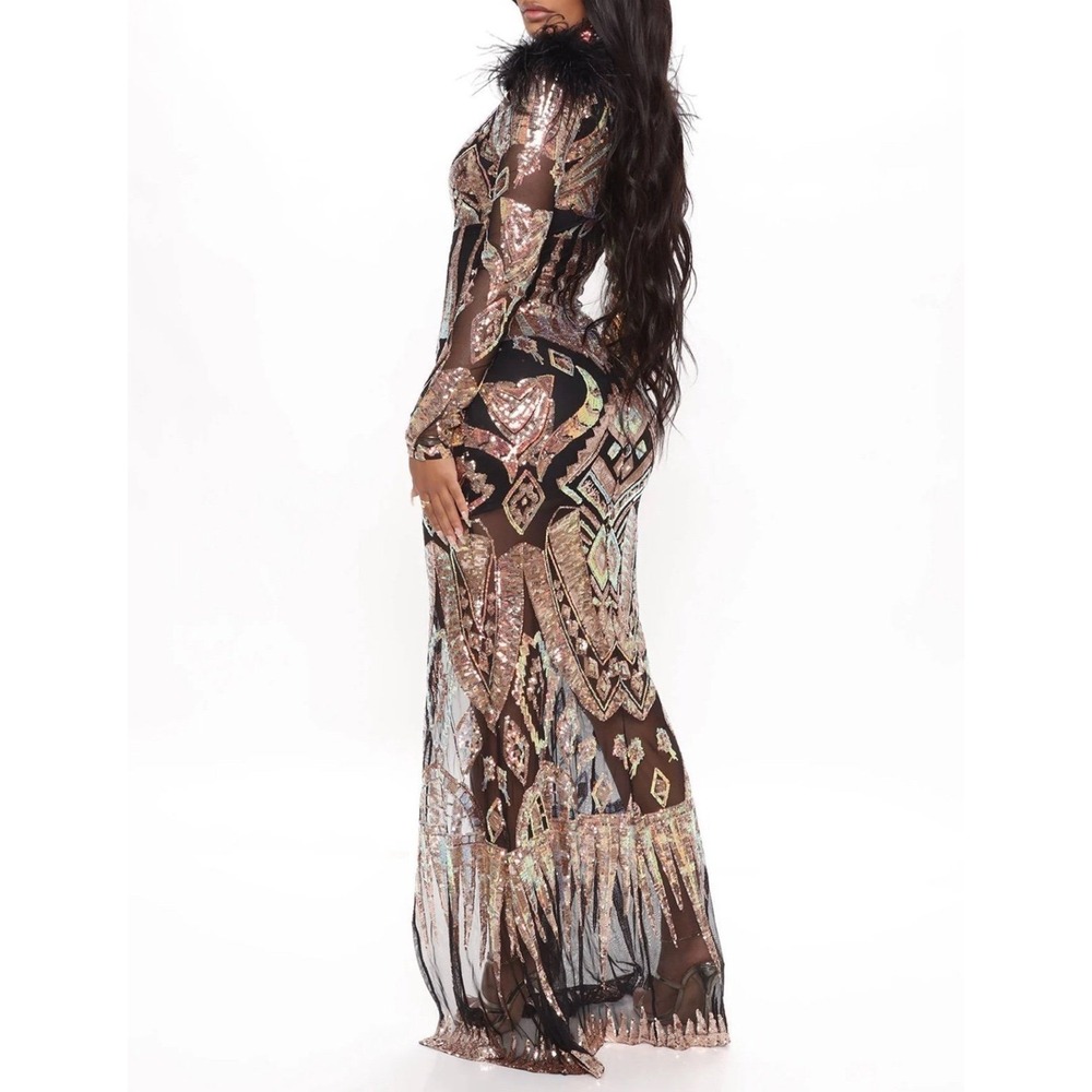 Fashion Nova Dress Long Maxi Sequin Elegant Black Gold Feather Gown Size M